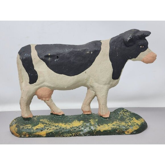 Vintage Cast Iron Black & White Cow Doorstop Figurine Farmhouse Decor‎ - Picture 1 of 9